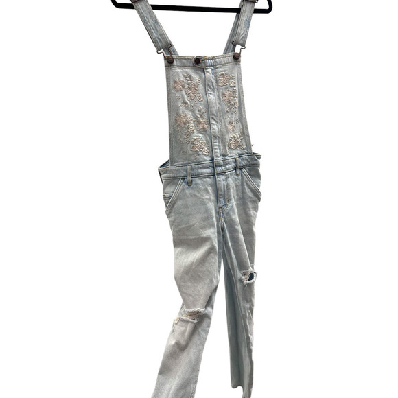 HOLLISTER Embroidered Floral Skinny Distress Denim Overalls All in One Boho Sz S - Picture 1 of 8